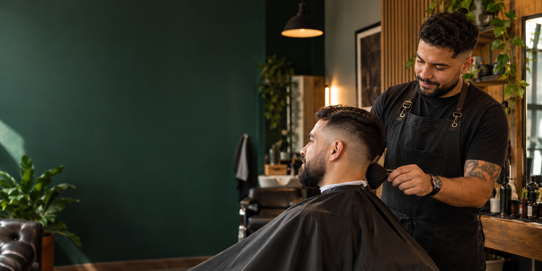Barbeiro realizando um atendimento em uma barbearia moderna
